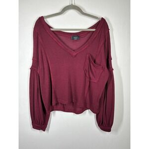 VICI Burgundy Sheer Distressed Sweater Knit Top Medium Balloon Sleeve Slouchy
